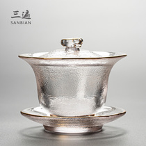 Japanese-style glass hammer pattern three-cai cover bowl Tea cup Heat-resistant tea bowl Handmade large single Kung Fu tea household