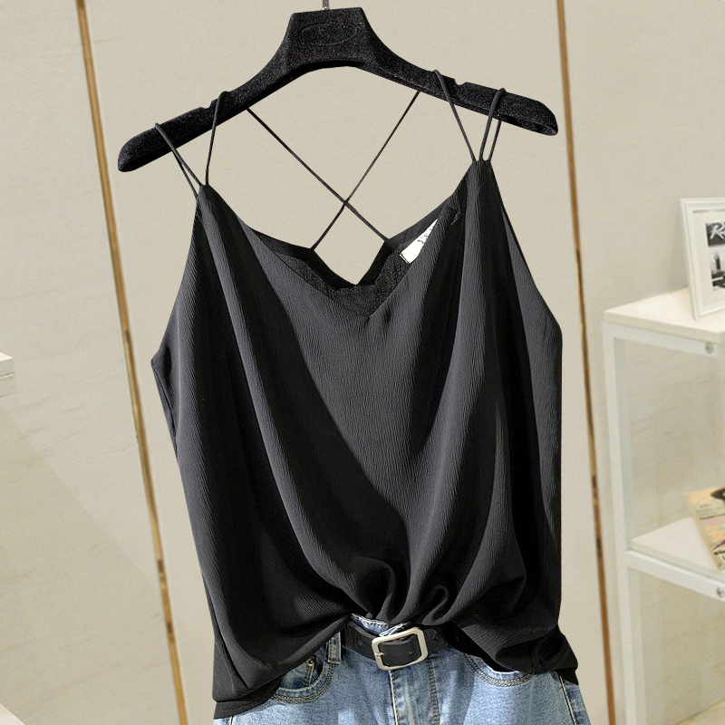 V-neck cross beautiful back strap chiffon sleeveless vest women's summer outer wear inner bottom French temperament simple top