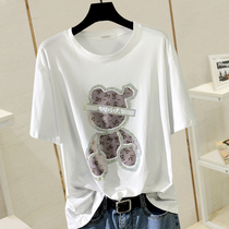 Loose short sleeve t-shirt female summer 2022 Heavy work bronzed with printed small bear round collar 100 lap fashion Covered Meat Round Collar Blouse