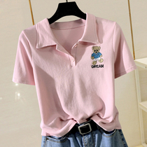 Fun Little Bear Embroidery Polo Collar Short Sleeve T-shirt Woman Summer Dress 2022 New High Waist Dew Navel 100 Hitch Blouse