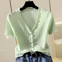 Summer Lovely Retro Agaric Side Pit Striped T-Shirt Woman High Waist Swarm Body Short short sleeve V collar knit cardiovert blouse