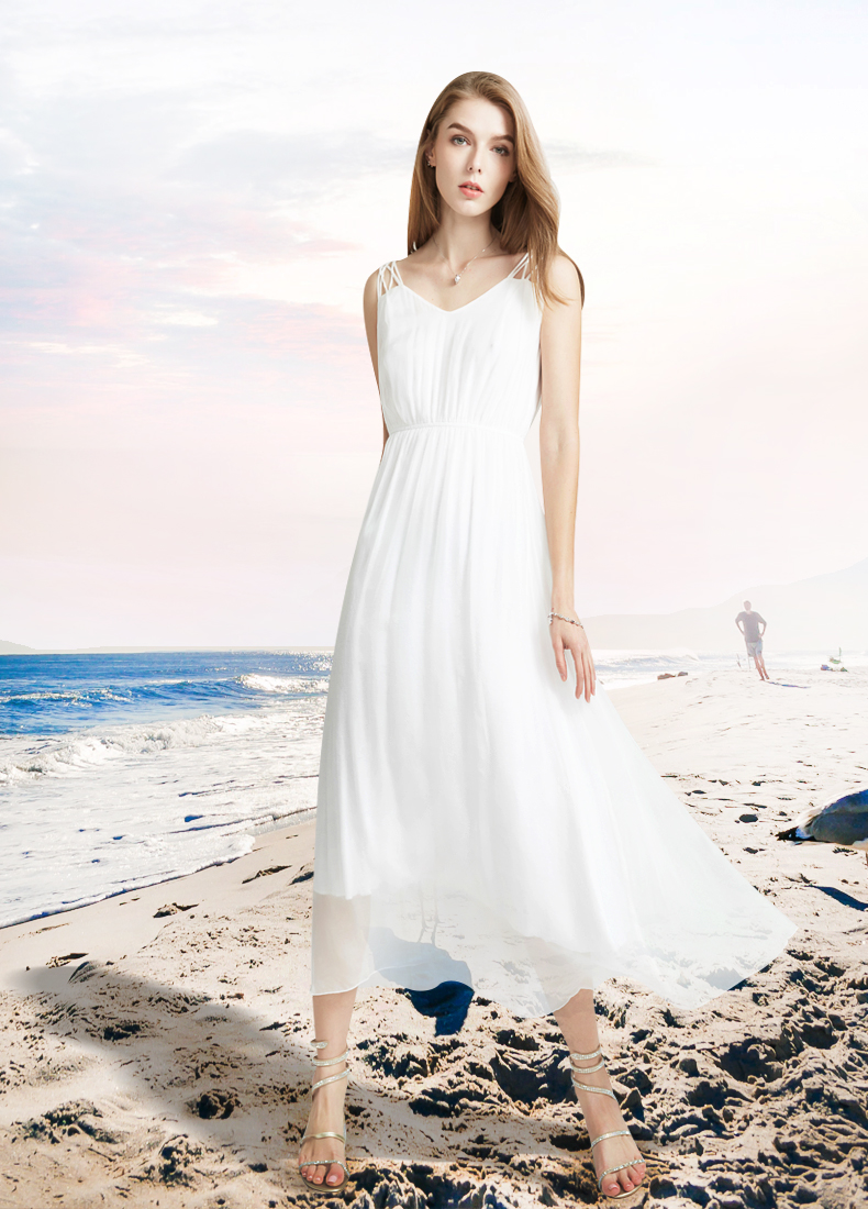 白色真丝连衣裙女2018新款大牌气质夏季显瘦度假长款桑蚕丝吊带裙