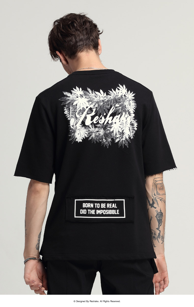 华菲型格reshake春男士后背印花卫衣五分袖上衣潮