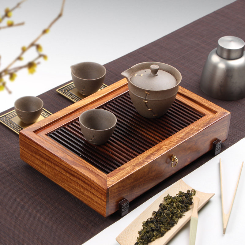 茶盘实木花梨木黑檀木小茶海不锈钢储水小茶台茶托盘旅游茶具特价_7折
