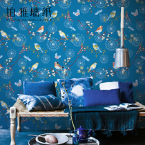 American Fields Garden Flowers Birds non-woven fabric Crushed Flower Wallpaper Light Blue Retro Chinese Living Room Bedroom Background Wall Paper Deep Blue