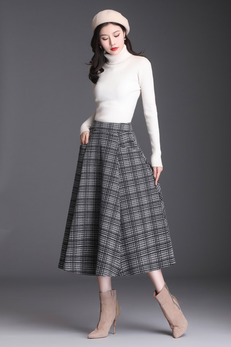 格子半身裙a字裙女2019秋冬毛呢中长款高腰冬季格纹大摆配毛衣裙