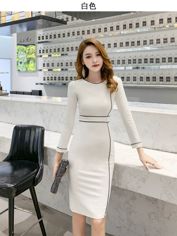 Váy phụ nữ mùa xuân và mùa thu quần áo của phụ nữ 2020 tính khí mới váy dài giữa mỏng dưới cùng váy bó sát dài tay áo ngang hông - Váy dài