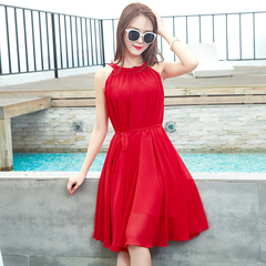 新款泰国度假沙滩裙雪纺吊带连衣裙大码宽松显瘦红色中长款仙