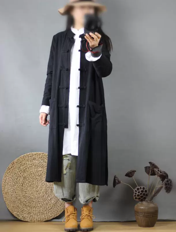 Nguyên bản văn học phụ nữ quần áo phong cách Trung Quốc khóa đĩa phong cách cổ điển phong cách dân tộc trong phần dài của áo khoác gió vải lanh dày Zen áo khoác dài - Trench Coat