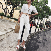 Giant legs straight white soft jeans womens summer thin loose slanted pants pocket slim high waist straight pants nine points