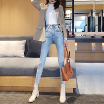 Small waist light-colored breasted high-waisted jeans womens feet Korean version thin hip pencil pants nine points