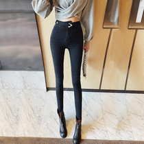 x-meir Net red black jeans womens triangle metal button buckle hip Korean version of high waist small foot pencil pants