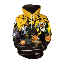 2021 Autumn fun skull Halloween Jack-o-lantern yellow and black hit porn couple loose pullover hooded sweater