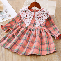 Girls autumn new long sleeve dress girl foreign skirt spring and autumn princess dress lattice dress Korean long skirt