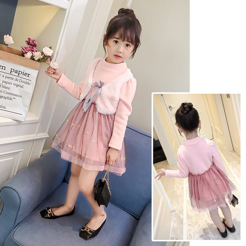 女童冬装韩版小女孩假两件小马甲网纱拼接加绒连衣裙三四五六七岁_7折