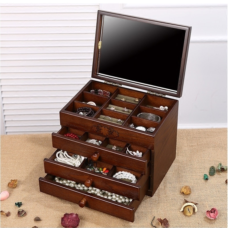 High-grade solid wood jewelry box with mirror jewelry storage box Large multi-layer European Korean Princess wedding gift