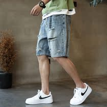 Tide brand hole denim shorts mens summer wear loose straight casual retro trend ins Joker five-point pants