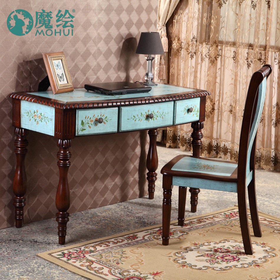 地中海海洋蓝书桌书椅电脑桌子写字台桌椅时尚简易工作台新款促销_7折