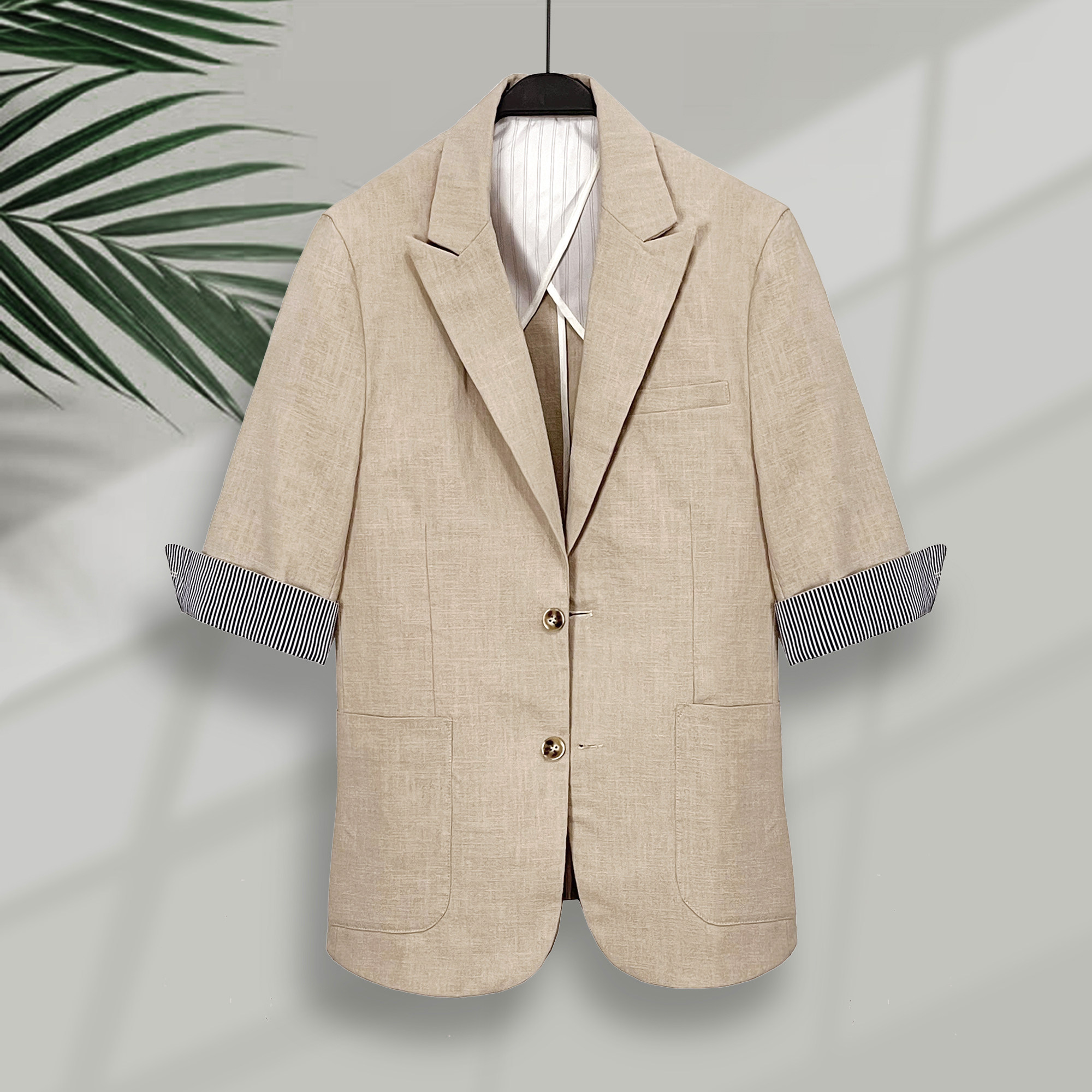 秋季亚麻西服五分袖西装外套男日系棉麻西服潮qt6022-p175