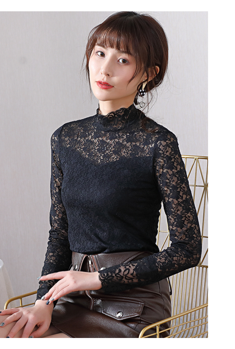 蕾丝打底衫立领大码女装上衣春夏半高领修身显瘦百搭镂空小衫长袖