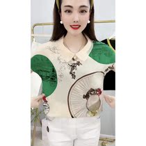 Small Wu womens clothing Summer new loose snow spinning shirt short sleeve foreign air printed little sweatshirt doll collar blouse 2696