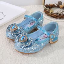 Girls Blue Princess Shoes 2021 Spring and Autumn Childrens High Heels Aisha Soft Leather Shoes Round Head Rhinestone Crystal Single Shoes