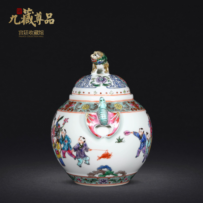 Jingdezhen ceramic vase hand - made enamel baby play figure archaize cover pot of Chinese style living room home furnishing articles