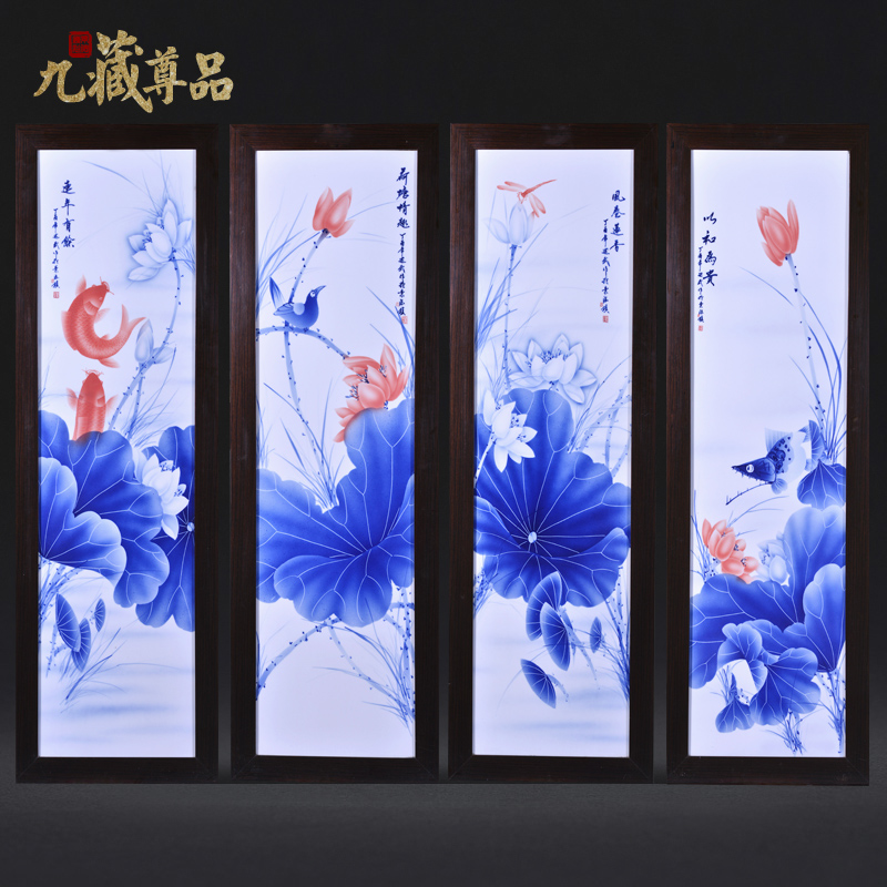 Jingdezhen ceramics Liu Shuwu hand - made lotus rhyme four screen porcelain plate painting the sitting room adornment household furnishing articles