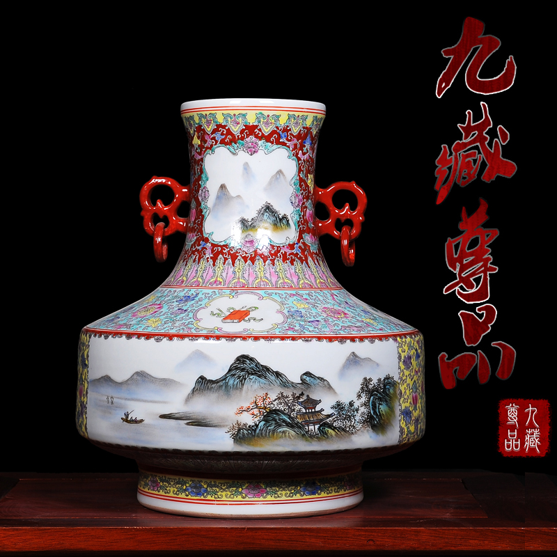 Jingdezhen ceramics handicraft collection place new classical colored enamel ears medium antique vase gift