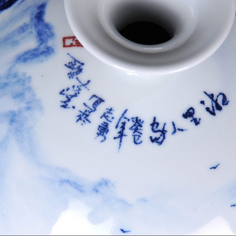 Jingdezhen ceramics famous hand - made scenery flat belly modern blue and white porcelain vase new classical household crafts