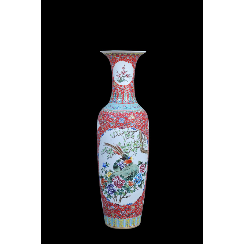 Jingdezhen ceramic vases, antique hand - made famille rose red to open the window charactizing a landing of large vase