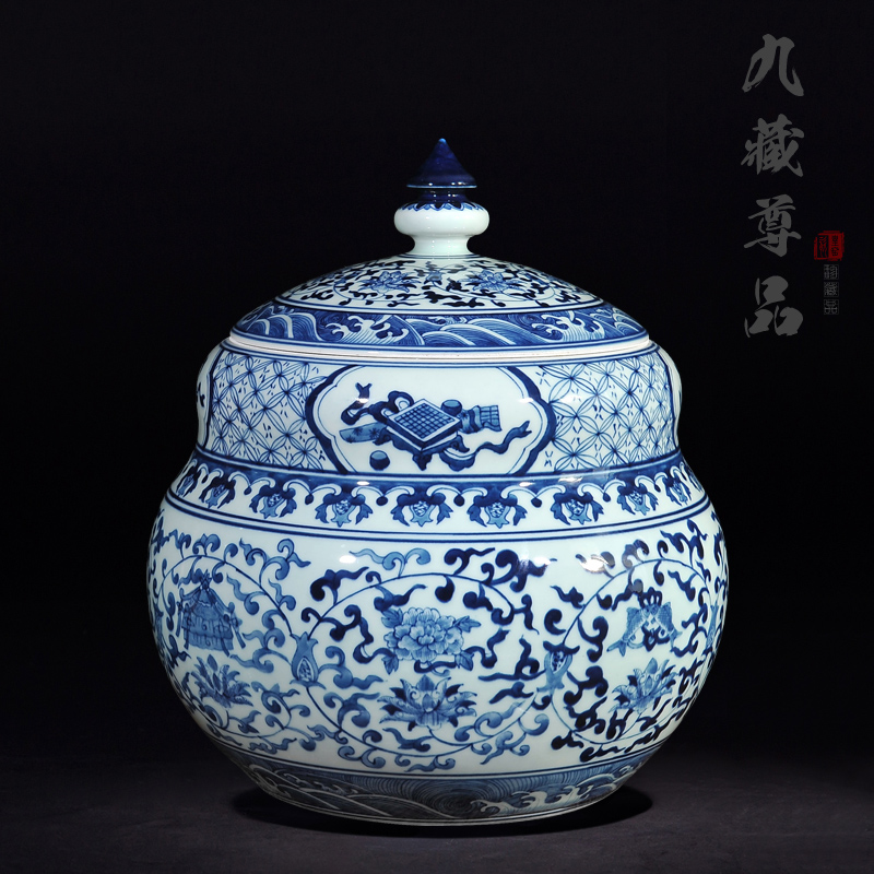 Jingdezhen ceramics antique hand - made of blue and white porcelain jar with cover storage tank sitting room adornment crafts