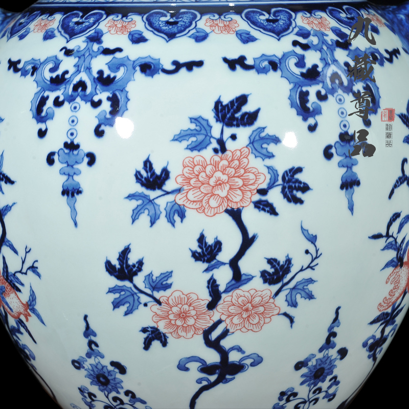 About Nine sect Buddha tasted jingdezhen ceramic antique hand - made ears lion a peach of blue and white porcelain vase furnishing articles in the living room