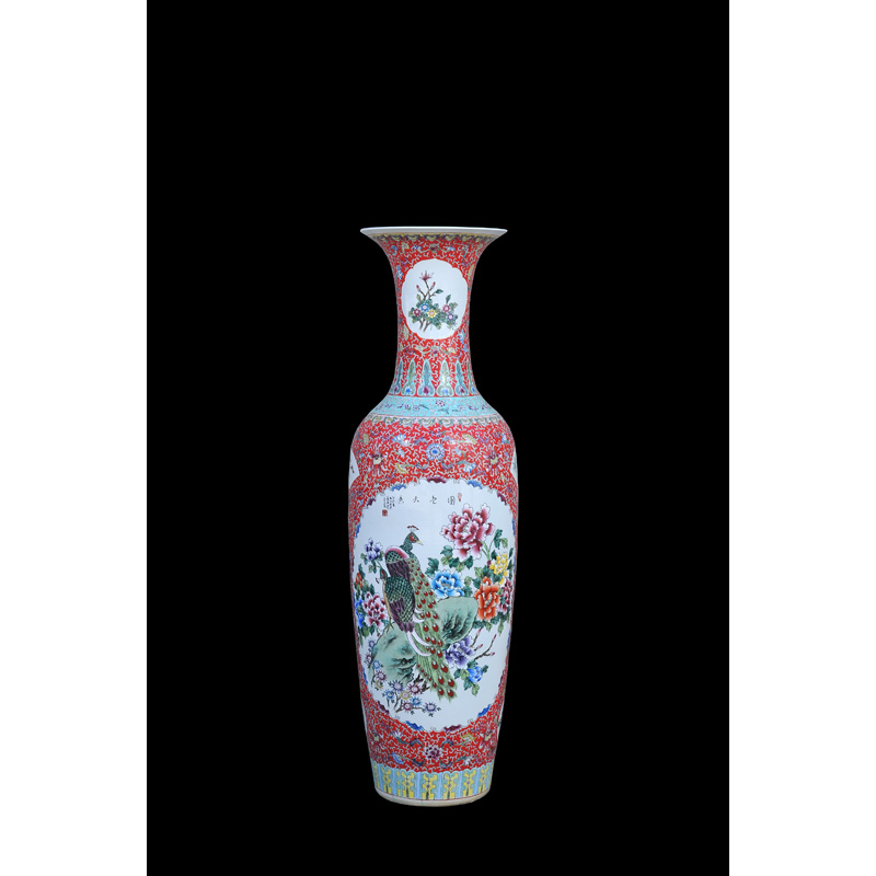 Jingdezhen ceramic vases, antique hand - made famille rose red to open the window charactizing a landing of large vase