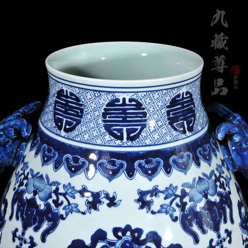 About Nine sect Buddha tasted jingdezhen ceramic antique hand - made sweet deer ear of blue and white porcelain statute of the sitting room place cylinder vase