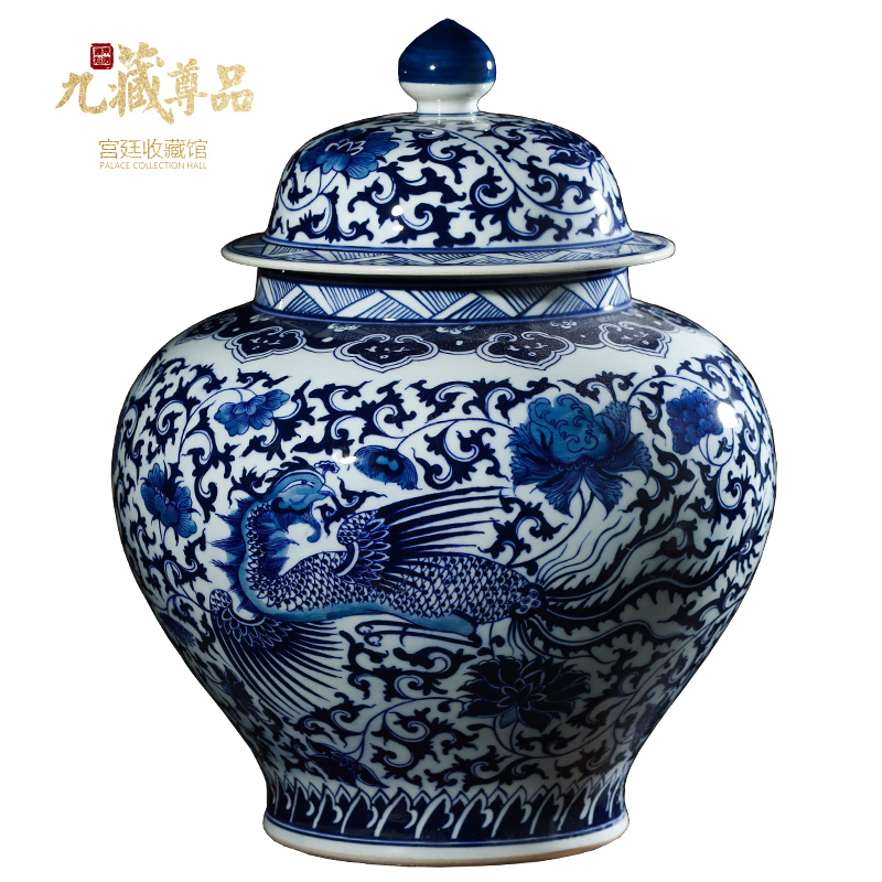 Jingdezhen ceramic vases, antique hand - made longfeng general put lotus flower pot cover of blue and white porcelain porcelain flowers, furnishing articles