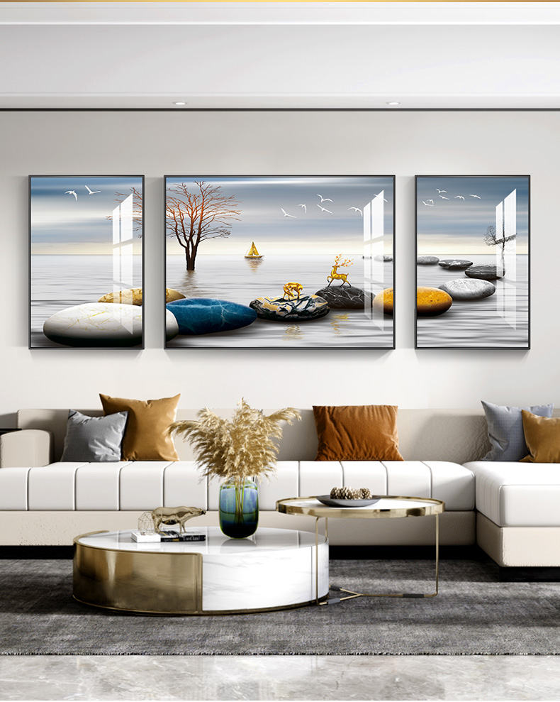 北欧客厅装饰画晶瓷镶钻家庭沙发墙画大气轻奢三联画抽象简约壁画