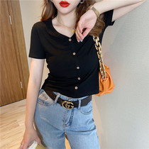 Short T-shirt womens short sleeves 2021 new summer modal tight vneck high waist slim slim black top