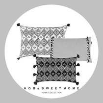 (Aoyama Meisu) Original Design National tassel hair ball pillow black and white simple jacquard cotton and linen bedside cushion