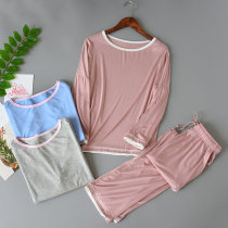 Modal pajamas womens autumn and winter thin long-sleeved round neck pullover two-piece suit simple fashion home clothes womens spring