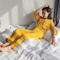 Modal pajamas womens summer v-neck three-point sleeve two-piece set thin cardigan loose oblique lapel long-sleeved trousers Home clothes