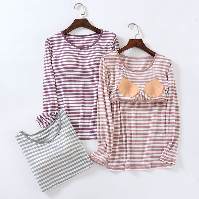 Sleepwear woman Long sleeves with chest cushion blouses Summer thin Bottoms Air Conditioning Sweatshirt Casual Loose Striped Blouse Spring Autumn Season