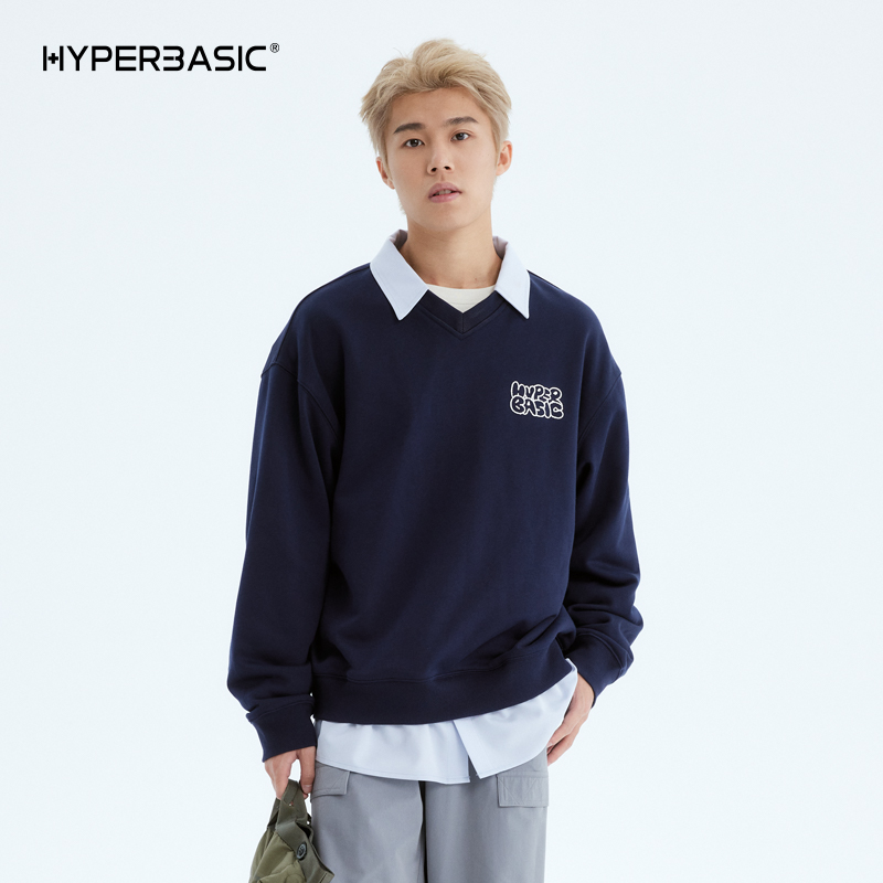 【KGOODS】HYPERBASIC假两件卫衣学院风V领宽松休闲套头上衣情侣