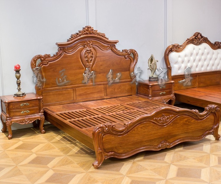 刺猬紫檀欧式大床红木美式大床非洲花梨木全板双人床榫卯雕花简约