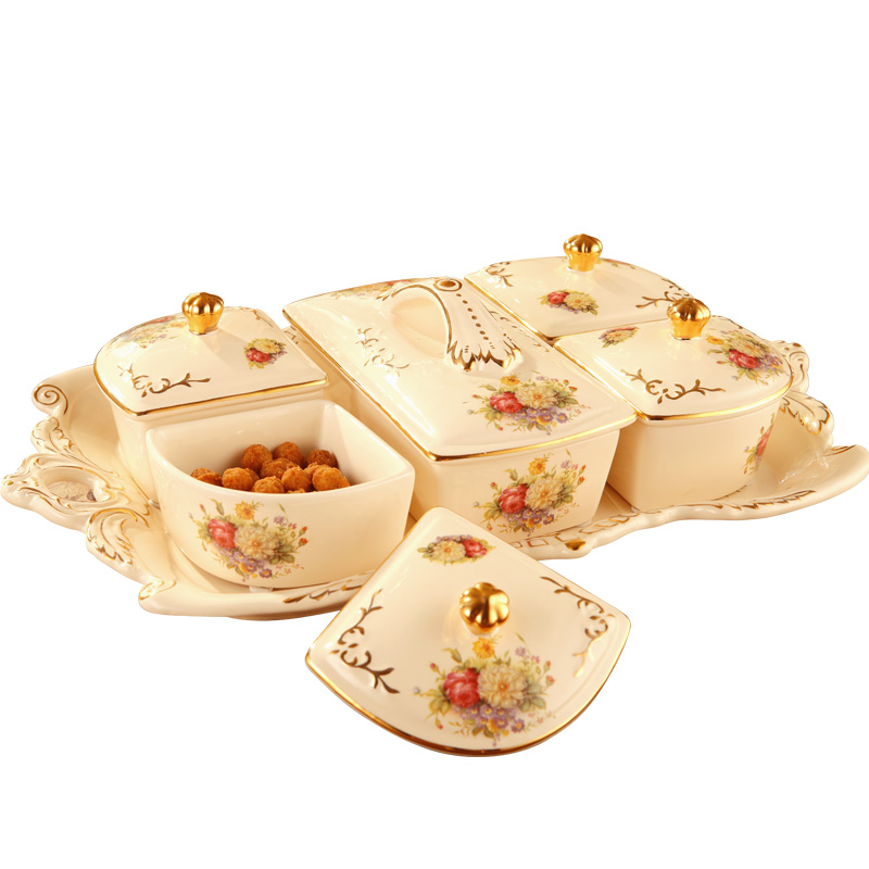 Europe type dry fruit tray dried fruit box frame with cover creative ceramic bowl sitting room candy box of candy plate of Chinese New Year the Spring Festival