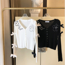 Bow black sweater womens 2020 new short slim slim top design knitwear cardigan autumn and winter