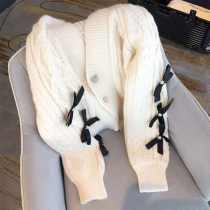Bow outside wearing sweater jacket womens 2020 autumn and winter new gentle wind V-neck knitted cardigan wild top tide