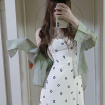 White Broken Flowers Harness one-piece dress Girl 2022 new Sharfa-style Dew Shoulder Temperament Design Superior Feel Skirt Reduced