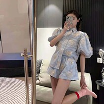 Small fragrant wind suit shorts woman 2021 new summer sequin flowers Bubble Sleeve Shirt Temperament Sweet two sets