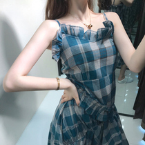Plaid temperament goddess dress sexy short mid-length 2020 new summer small fragrant wind suspender skirt